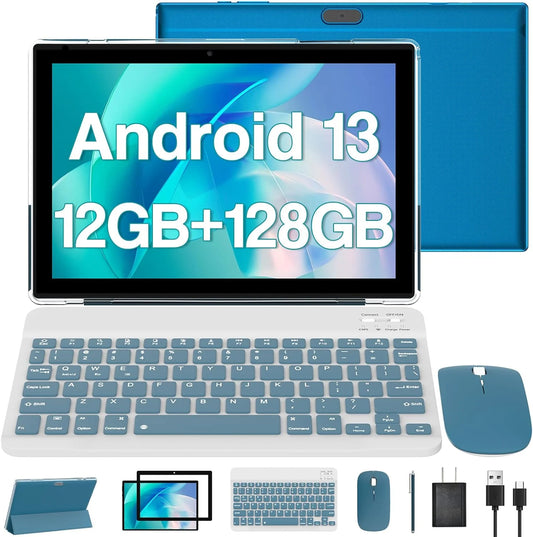 2024 Newest Android 13 Tablet 10 Inch, 12GB RAM 128GB ROM/1TB Expandable Tablet PC, 2 in 1 Tablets with Keyboard, Quad-Core 2.0Ghz CPU HD Screen, Google Certified 5G Wifi 6 BT 5.0, 8MP Camera Tableta