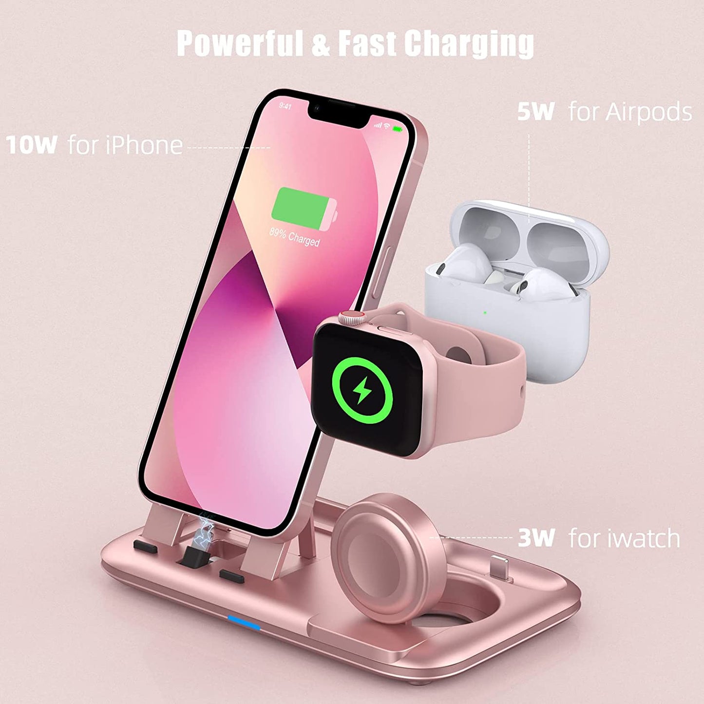 3 in 1 Charging Station for Multiple Devices Apple Bedside Charging Stand for Iphone and Apple Watch 7/6/SE/5/4/3/2/1 Charging Dock for Airpods Pro/3/2/1 (With 12W Fast Charger) Rose Gold