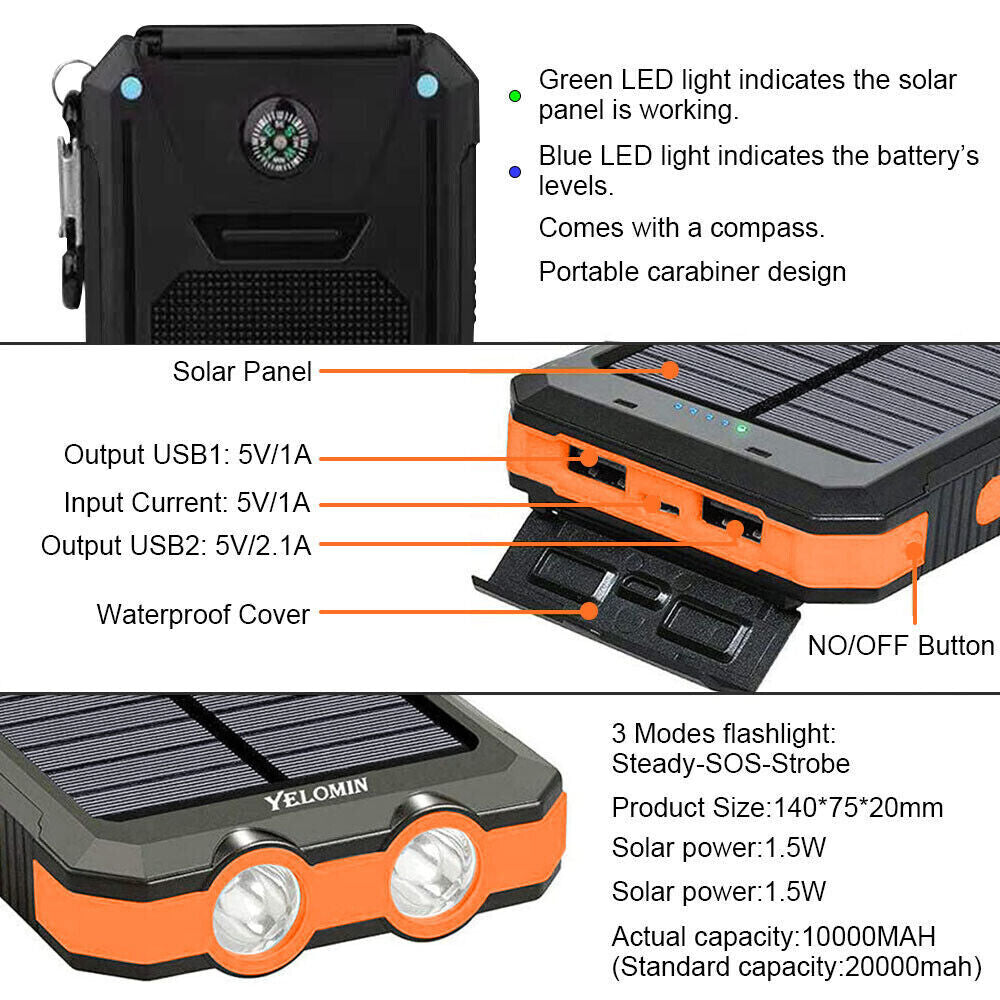 2023 Super USB Portable Charger Solar Power Bank for Cell Phone