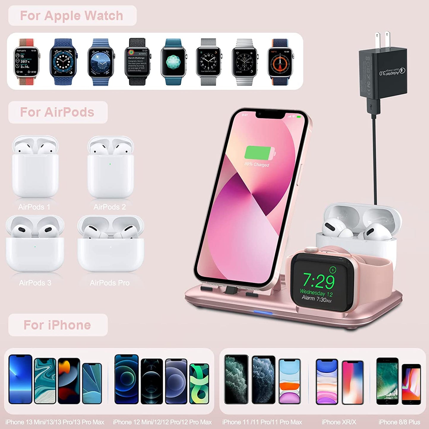 3 in 1 Charging Station for Multiple Devices Apple Bedside Charging Stand for Iphone and Apple Watch 7/6/SE/5/4/3/2/1 Charging Dock for Airpods Pro/3/2/1 (With 12W Fast Charger) Rose Gold